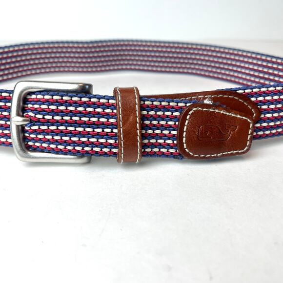 Vineyard Vines Woven & Leather Belt Red White Blue Stripe Men's Size 30 - Picture 1 of 8